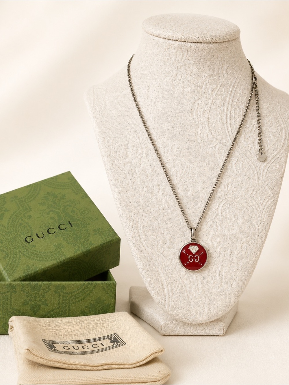 Gucci ghost 925 Sterling Silver reversible Red silver monogram pendant necklace!